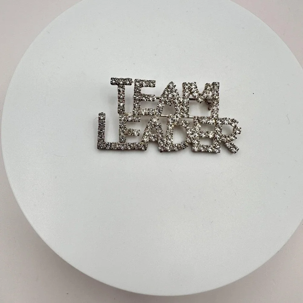 Vintage 80s Silver Tone Rhinestone‎ Team Leader Word Figural Brooch Pin Jewelry